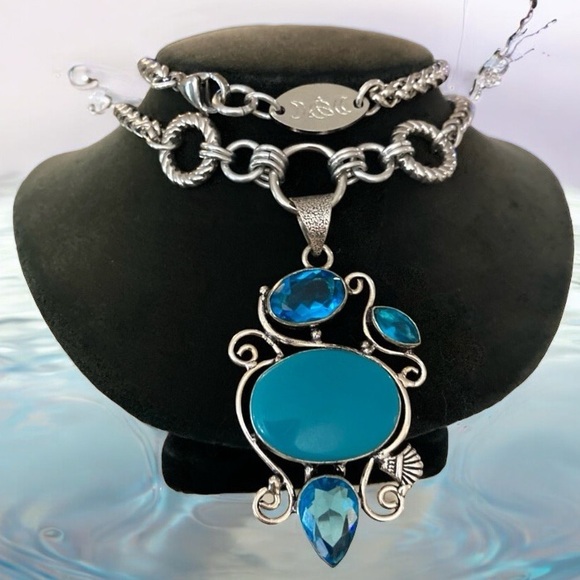 Blue topaz & blue agate turquoise color gemstone maille handmade boho necklace - Picture 4 of 15